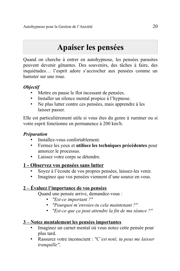 Un extrait du livre Autohypnose pour la gestion de l'anxiété (1ere page)