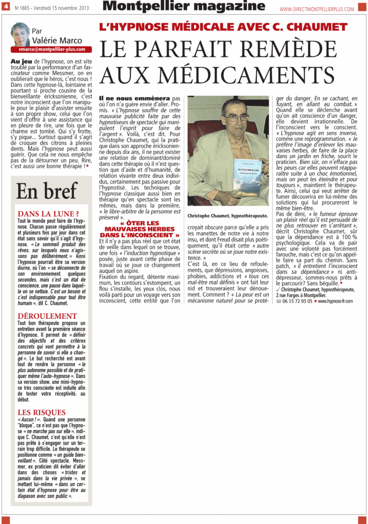 Extrait d'une page d'un magazine avec une interview de Christophe Chaumet hypnothérapeute