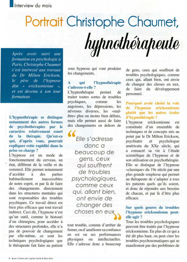 Interview de Christophe Chaumet hypnothérapeute dans le magazine Cahier Santé en 2011 (1ere partie)