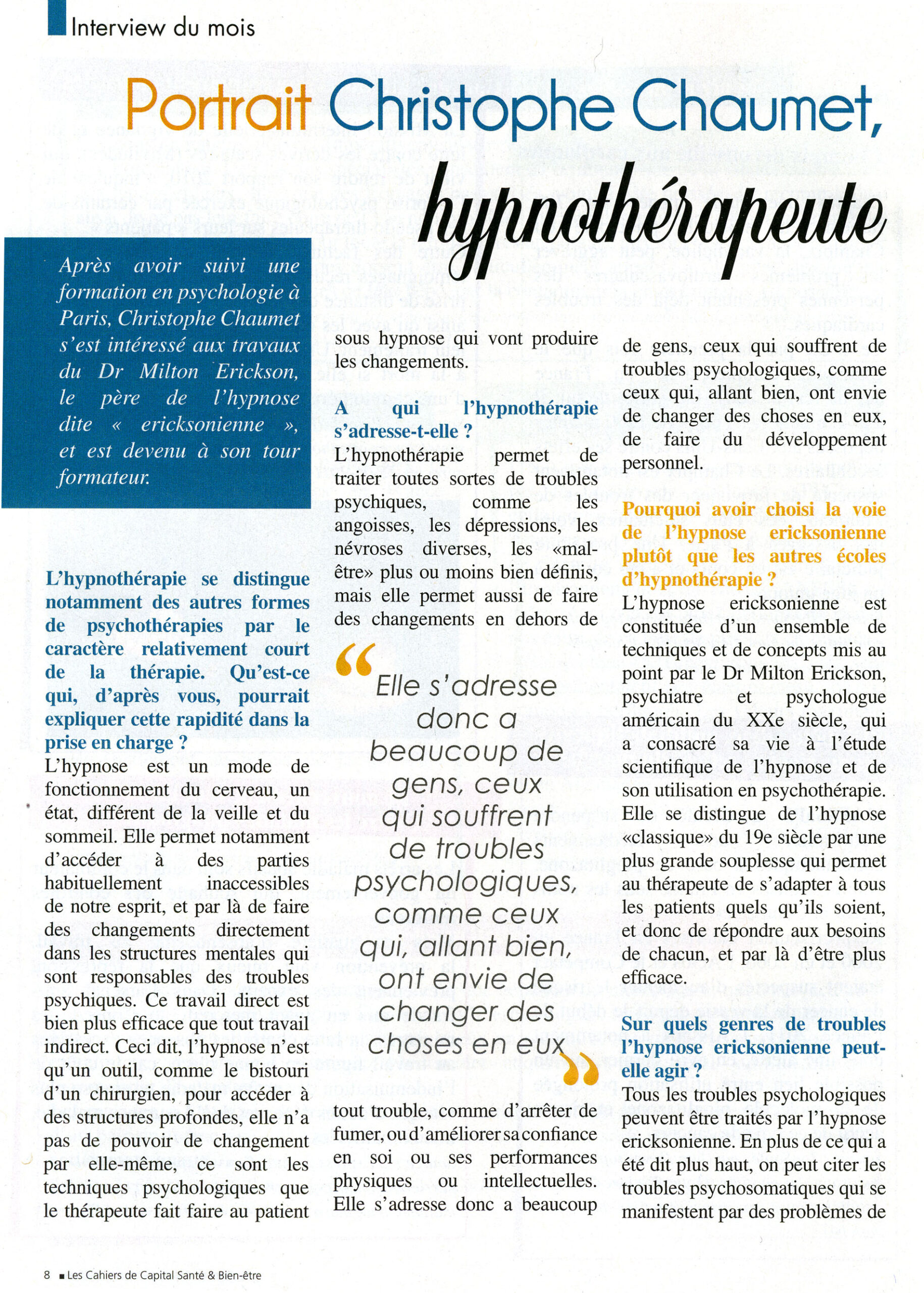 Interview with hypnotherapist Christophe Chaumet in Cahier Santé magazine in 2011 (Part 1)