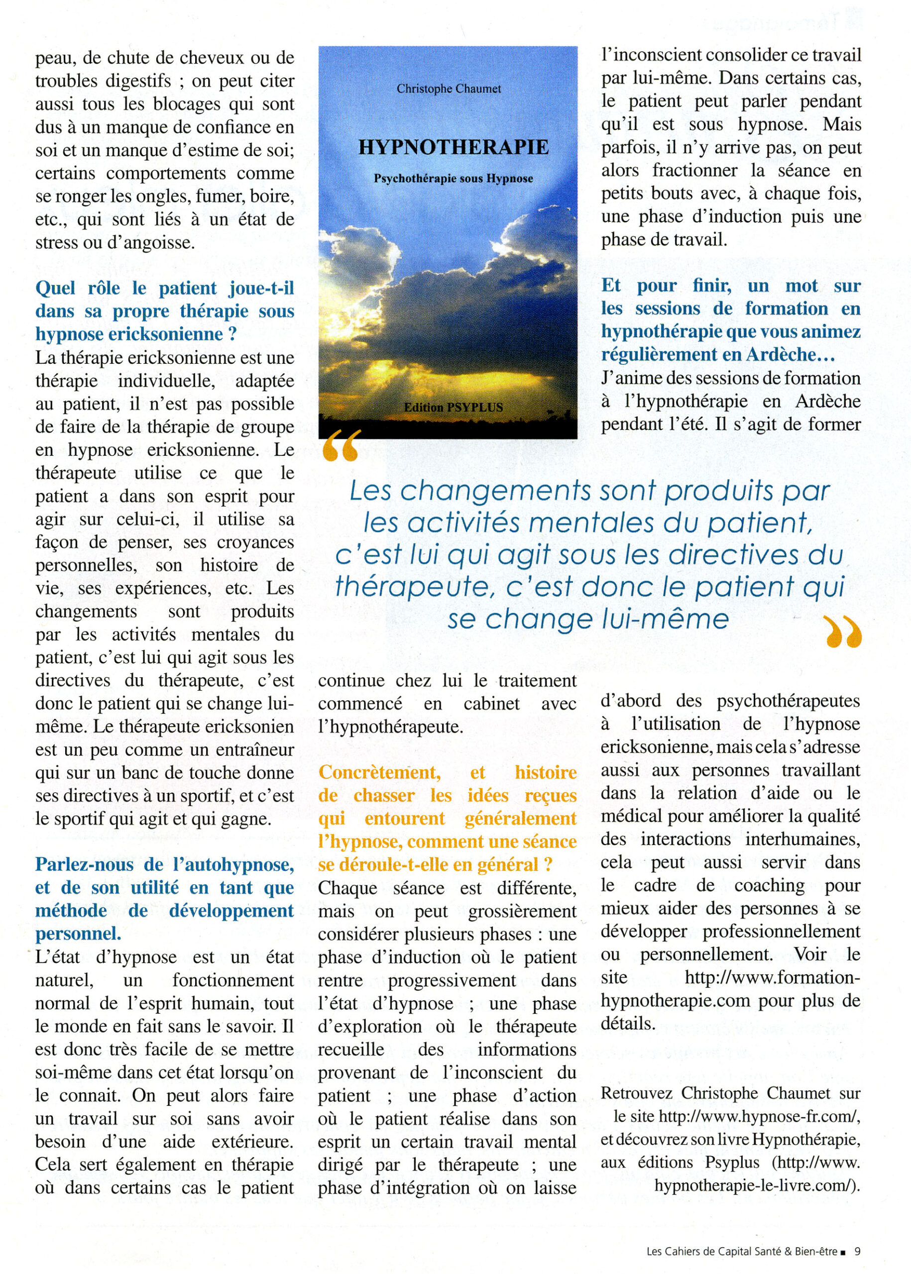 Interview with hypnotherapist Christophe Chaumet in Cahier Santé magazine in 2011 (Part 2)